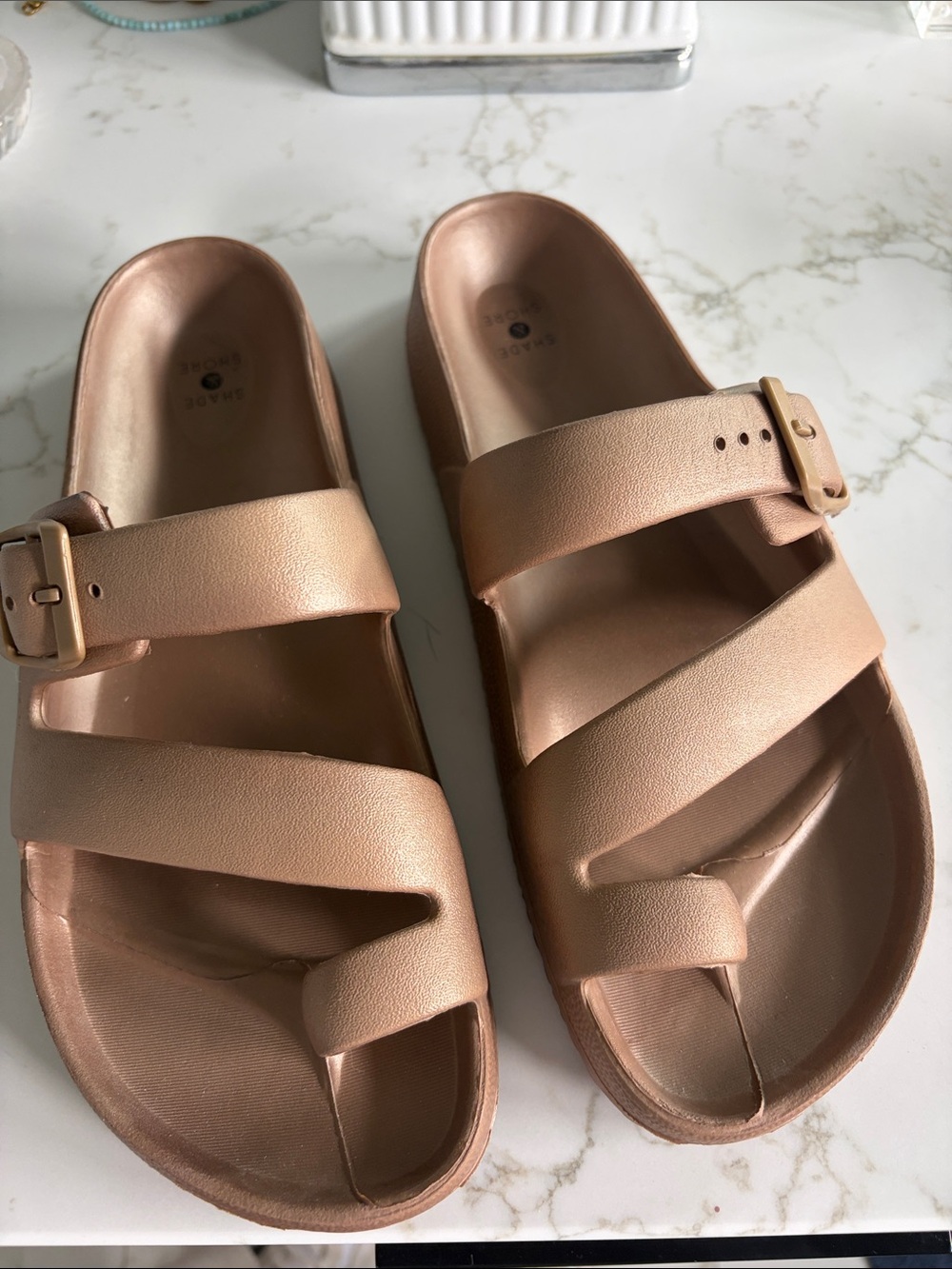 Shade & Shore Metallic Rose Gold Slide Sandals with Buckle Detail